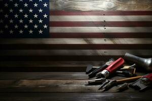 AI generated tools on a wooden table against the background of the American flag photo