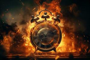 AI generated Alarm clock on fire background. Time is running out concept. photo