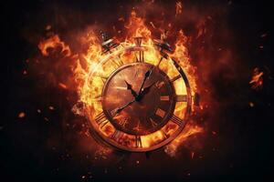 AI generated Alarm clock on fire background. Time is running out concept. photo