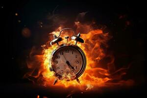 AI generated Alarm clock on fire background. Time is running out concept. photo