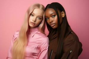 ai generado de moda dos joven multirracial mujer posando juntos aislado en rosado antecedentes foto