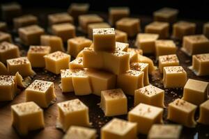 AI generated Close-up of a plate of yellow cheese cubes. photo