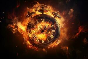 AI generated Alarm clock on fire background. Time is running out concept. photo