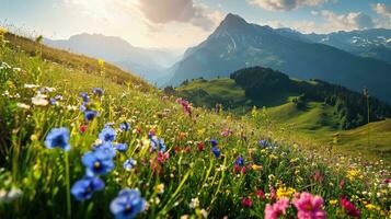 ai generado vistoso prado con flores silvestres y montañas en el antecedentes foto