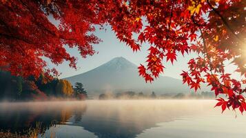 AI generated Fuji Mountain and Lake Kawaguchiko in autumn season, Japan photo