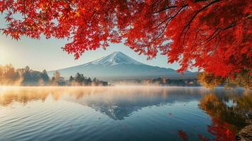 ai generado fuji montaña y lago kawaguchiko en otoño estación, Japón foto