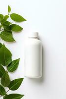 AI generated Blank cosmetic bottle with green leaves on white background photo