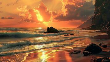 AI generated Beautiful sunset on the beach. Sea waves and splashes. photo