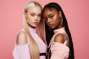 AI generated fashionable Two young multiracial women posing together isolated on pink background photo