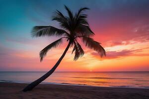 ai generado hermosa naturaleza tropical playa y mar con Coco palma árbol a puesta de sol hora para viaje y vacaciones foto