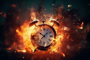 AI generated Alarm clock on fire background. Time is running out concept. photo