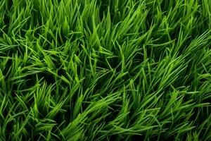 AI generated Green grass texture background. Close up of fresh spring grass top view photo