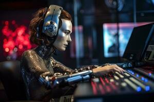 AI generated Robot humanoid working on a computer in a nightclub photo