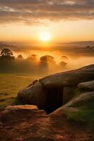 AI generated Sunrise over a megalithic tomb photo