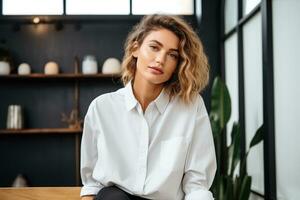 ai generado retrato de un hermosa joven mujer vistiendo blanco camisa foto