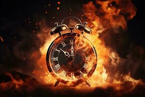 AI generated Alarm clock on fire background. Time is running out concept. photo