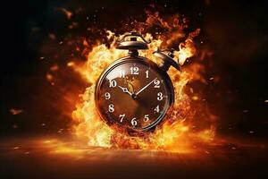 AI generated Alarm clock on fire background. Time is running out concept. photo