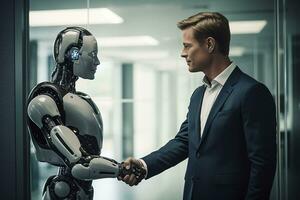 AI generated Businessman and robot shaking hands in modern office. Business concept. photo