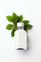 AI generated Blank cosmetic bottle with green leaves on white background photo