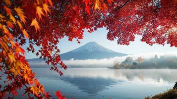 ai generado fuji montaña y lago kawaguchiko en otoño estación, Japón foto