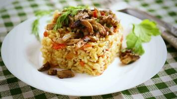 Diet pilaf with mushrooms and vegetables in a plate . video