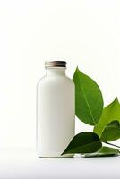 AI generated Blank cosmetic bottle with green leaves on white background photo