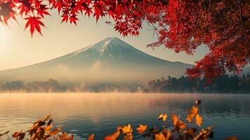 AI generated Fuji Mountain and Lake Kawaguchiko in autumn season, Japan photo