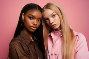 AI generated fashionable Two young multiracial women posing together isolated on pink background photo