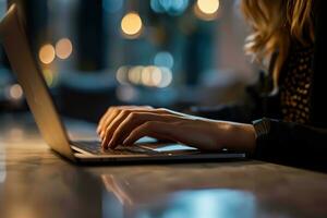 AI generated Close up of female hands typing on laptop keyboard at table in cafe photo