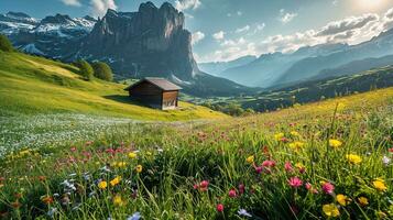 AI generated Colorful meadow with wildflowers and mountains in the background photo