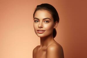 AI generated Portrait of beautiful young woman with clean fresh skin. Spa, healthcare. photo