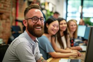 AI generated Group of business people having a meeting at creative office photo