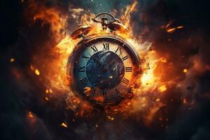 AI generated Alarm clock on fire background. Time is running out concept. photo