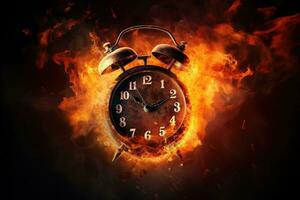 AI generated Alarm clock on fire background. Time is running out concept. photo