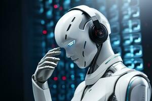 AI generated Robot humanoid working on a computer in a nightclub photo