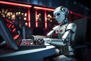 AI generated Robot humanoid working on a computer in a nightclub photo