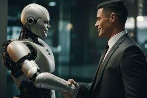 AI generated Businessman and robot shaking hands in modern office. Business concept. photo