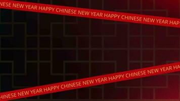 Happy Chinese New Year Text on a running line with a Chinese decoration background with gradient black and red colors, copy space area. Suitable for use as Chinese New Year celebration videos