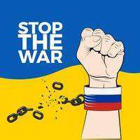 Fist breaks shackles on background of the Ukrainian national ensign. Stop the War. Vector illustration