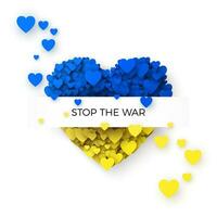 Stop The War template. Blue and yellow Ukraine flag in heart silhouette. Concept of freedom and peace. Stop war and military aggression. Vector illustration