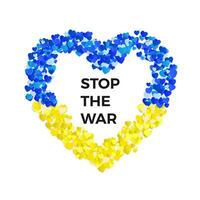 Stop The War in Ukraine template. Stop war and military aggression. Blue and yellow Ukraine flag in heart silhouette. Concept of freedom and peace. Vector illustration