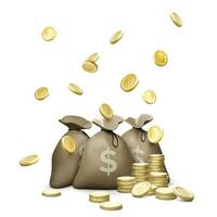 Gold coins falling down and full money bags. Golden coins stack and full sack. Vector illustration