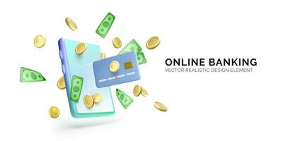 Online banking concept. Internet payments and money transfer. 3d mobile phone with fly gold coins and paper money and credit card. Vector illustration