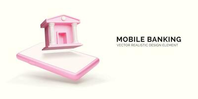 Mobile banking concept in pink colors. 3d realistic business object. Mobile phone and bank architecture on phone screen. Vector illustration