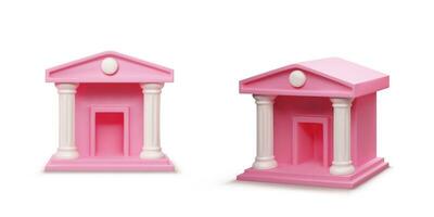 Pink bank building in different point of views. Online banking or bank transactions and service concept. 3d realistic illustration in cartoon style. Vector