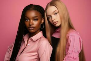 ai generado de moda dos joven multirracial mujer posando juntos aislado en rosado antecedentes foto