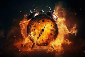 AI generated Alarm clock on fire background. Time is running out concept. photo