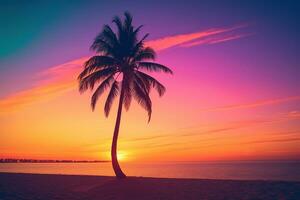 AI generated Beautiful nature tropical beach and sea with coconut palm tree at sunset time for travel and vacation photo