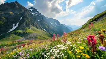 ai generado vistoso prado con flores silvestres y montañas en el antecedentes foto