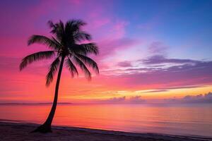 AI generated Beautiful nature tropical beach and sea with coconut palm tree at sunset time for travel and vacation photo